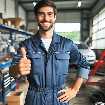 Kfz-Mechaniker macht auf Angebote aufmerksam Kfz-Mechaniker